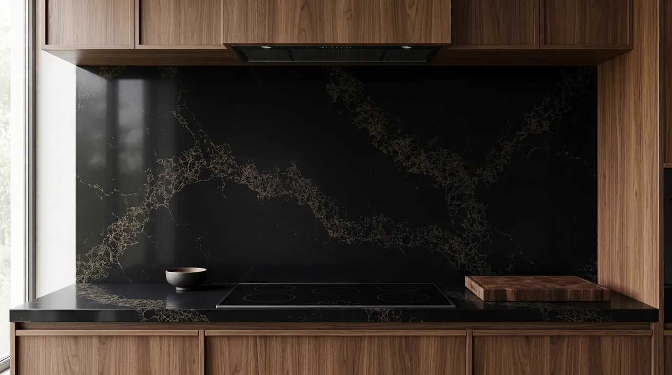 Statuario Black Gold Quartz Stone full-height kitchen backsplash and matching countertop