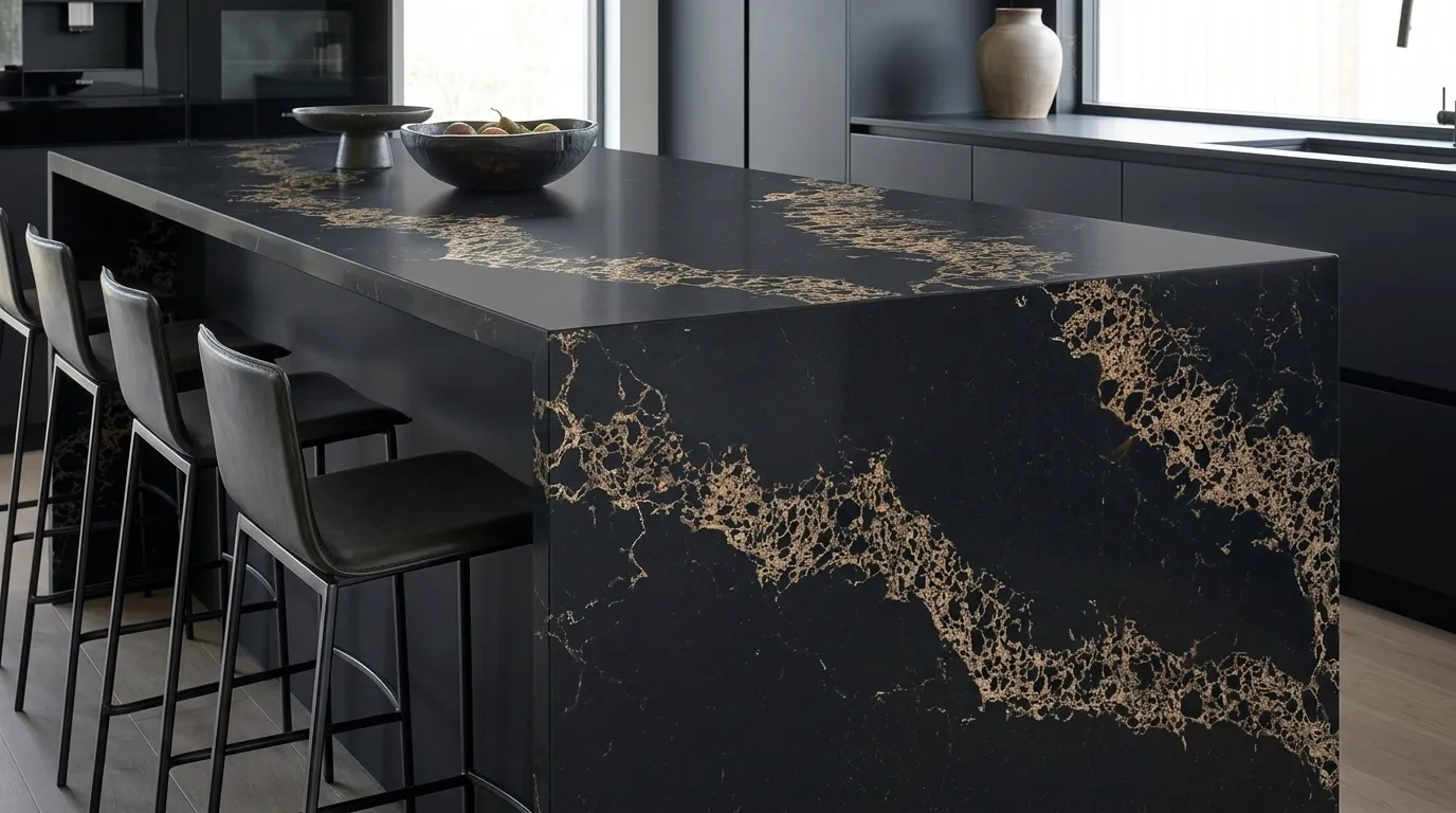Statuario Black Gold Quartz Stone waterfall-edge kitchen island with continuous veining