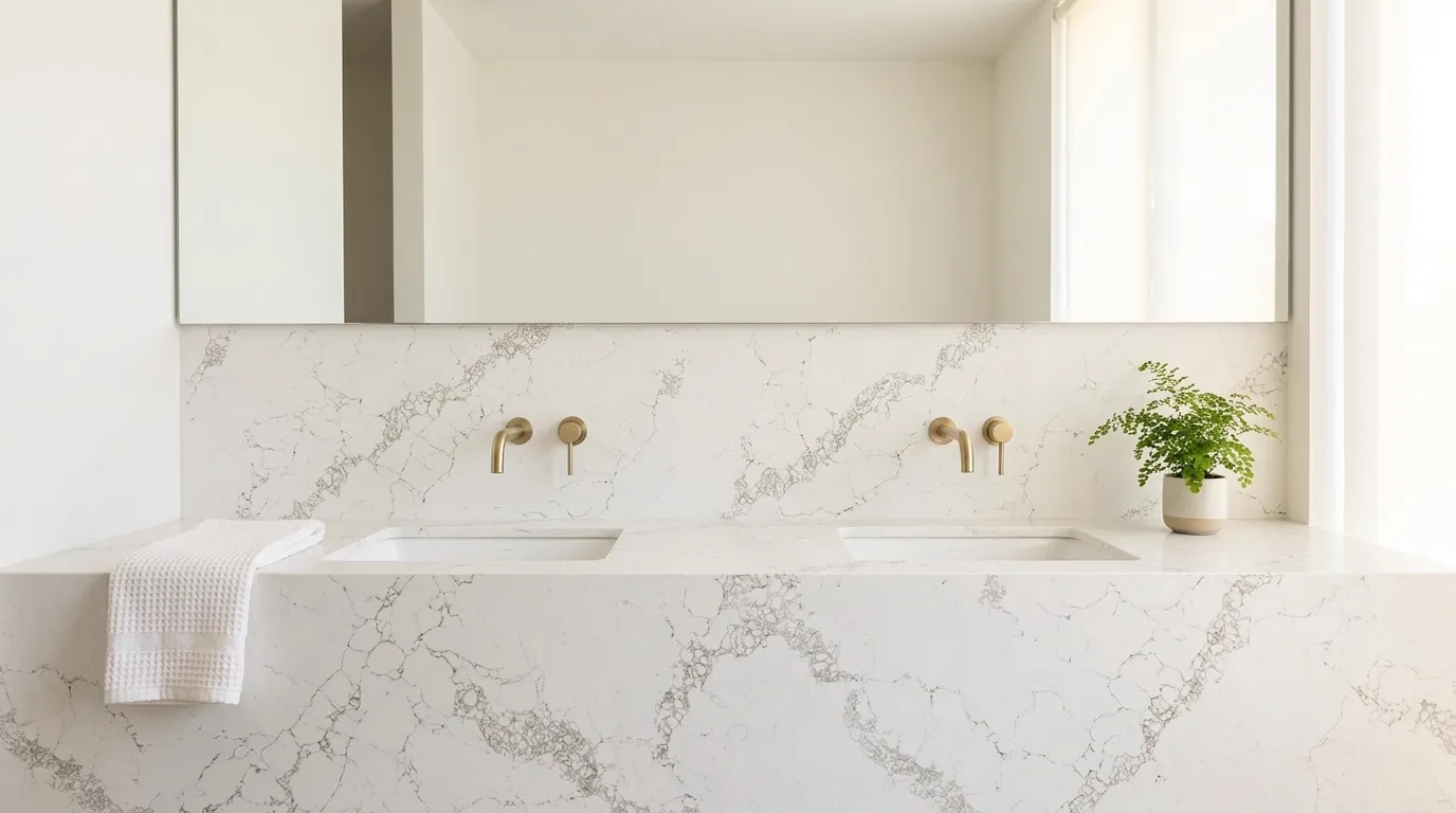 Statuario Gold Quartz Stone double vanity countertop and backsplash in a modern bathroom