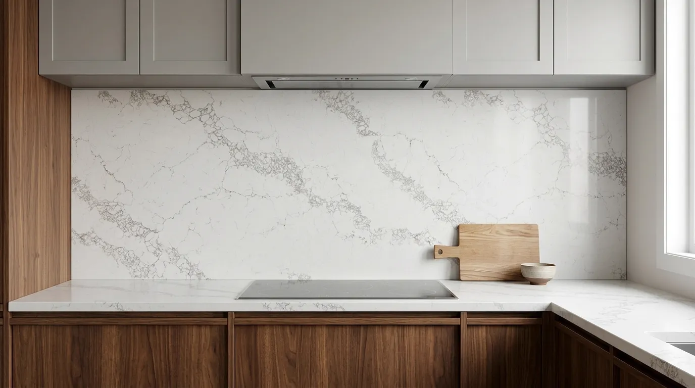 Statuario Gold Quartz Stone full-height kitchen backsplash and matching countertop