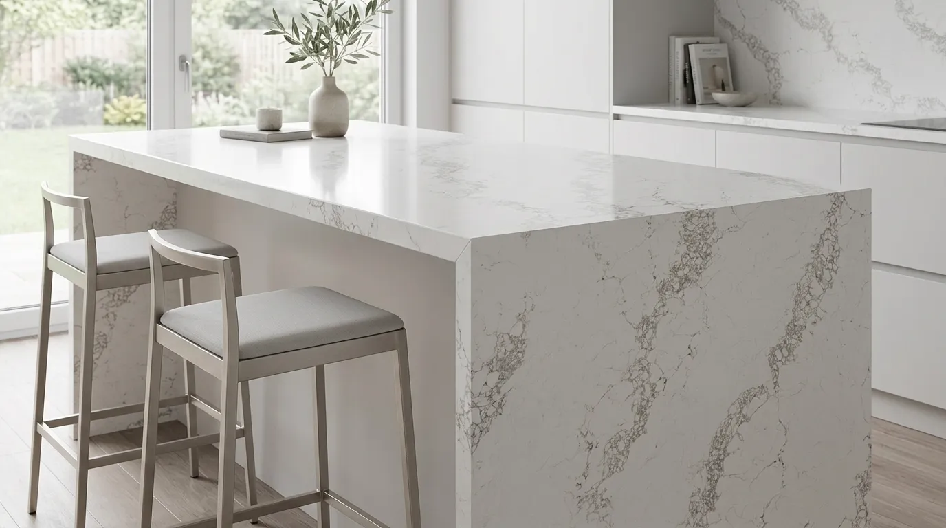 Statuario Gold Quartz Stone waterfall-edge kitchen island with continuous veining