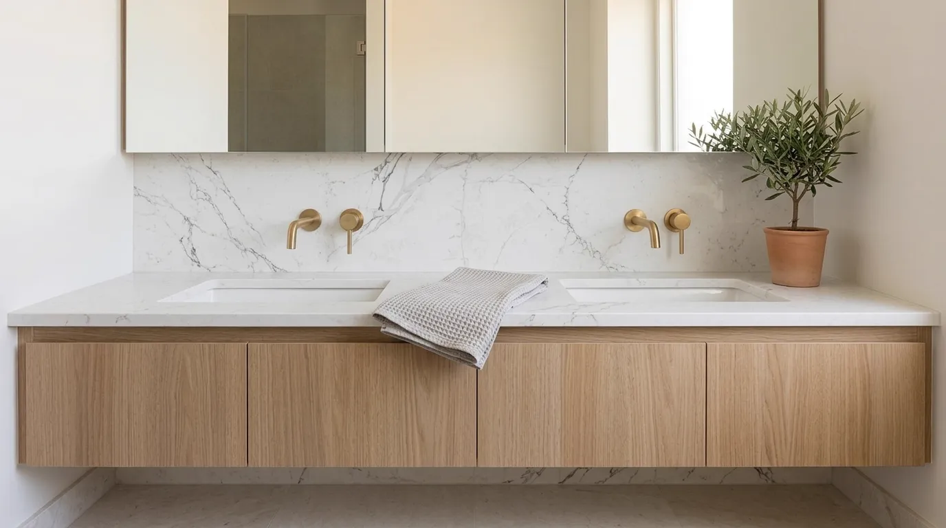 Statuario White Quartz Stone double vanity countertop and backsplash in a modern bathroom