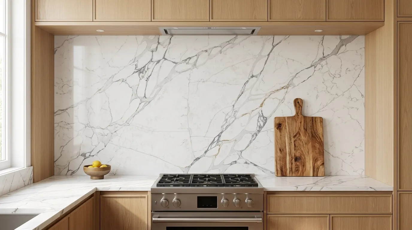 Statuario White Quartz Stone full-height kitchen backsplash and matching countertop
