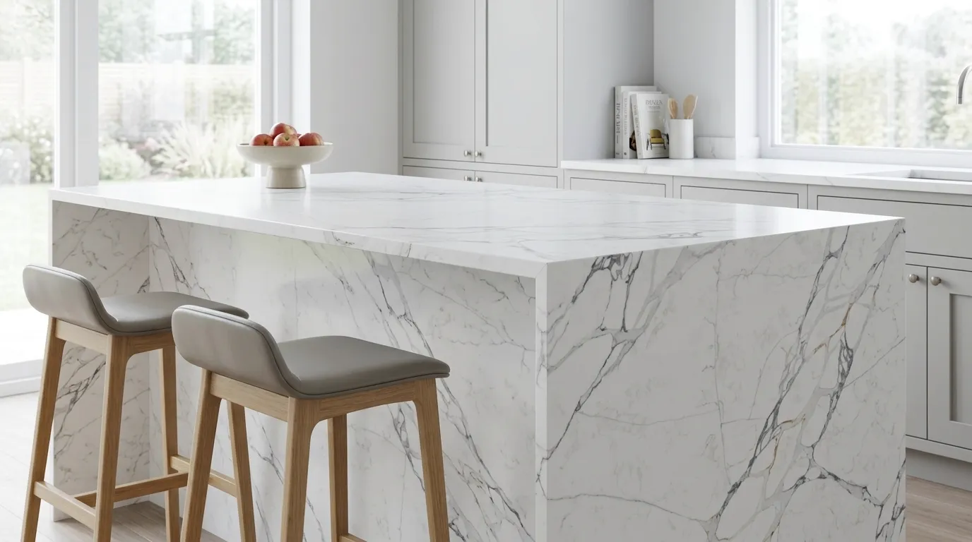 Statuario White Quartz Stone waterfall-edge kitchen island with continuous veining