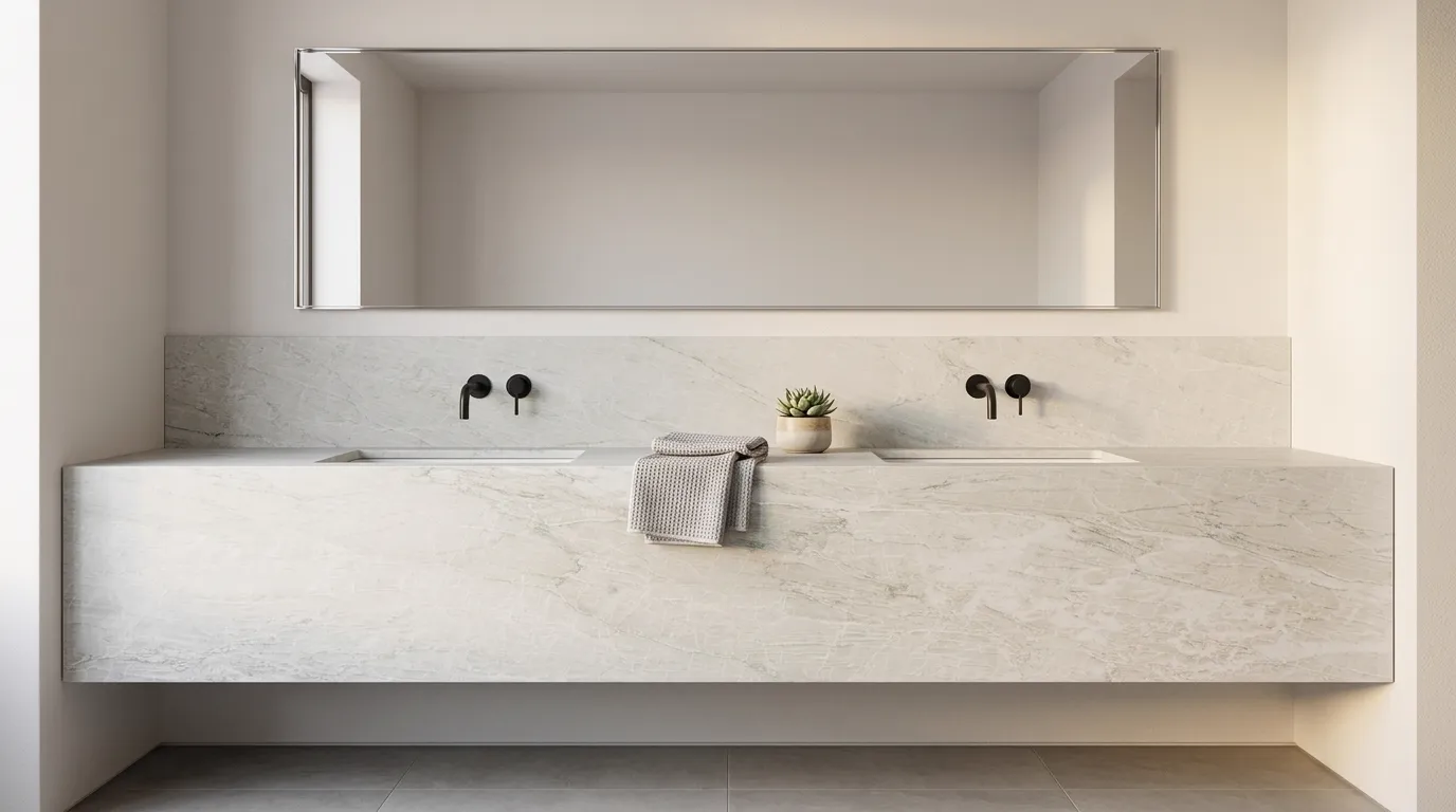 Tahiti Leathered Quartzite double vanity countertop and backsplash in a modern bathroom