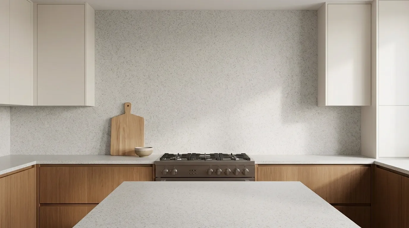Tahiti Leathered Quartzite full-height kitchen backsplash and matching countertop