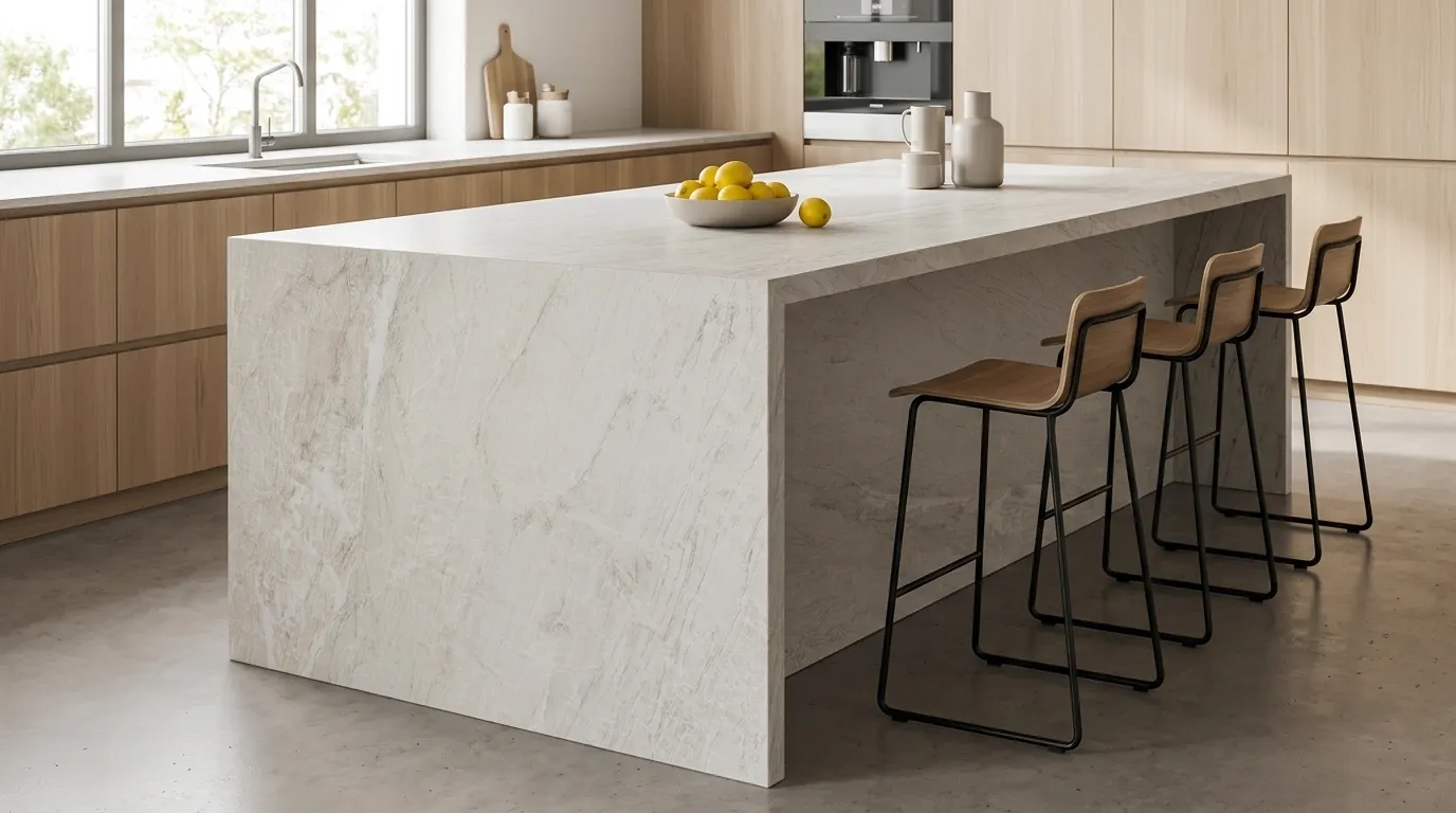 Tahiti Leathered Quartzite waterfall-edge kitchen island with continuous veining