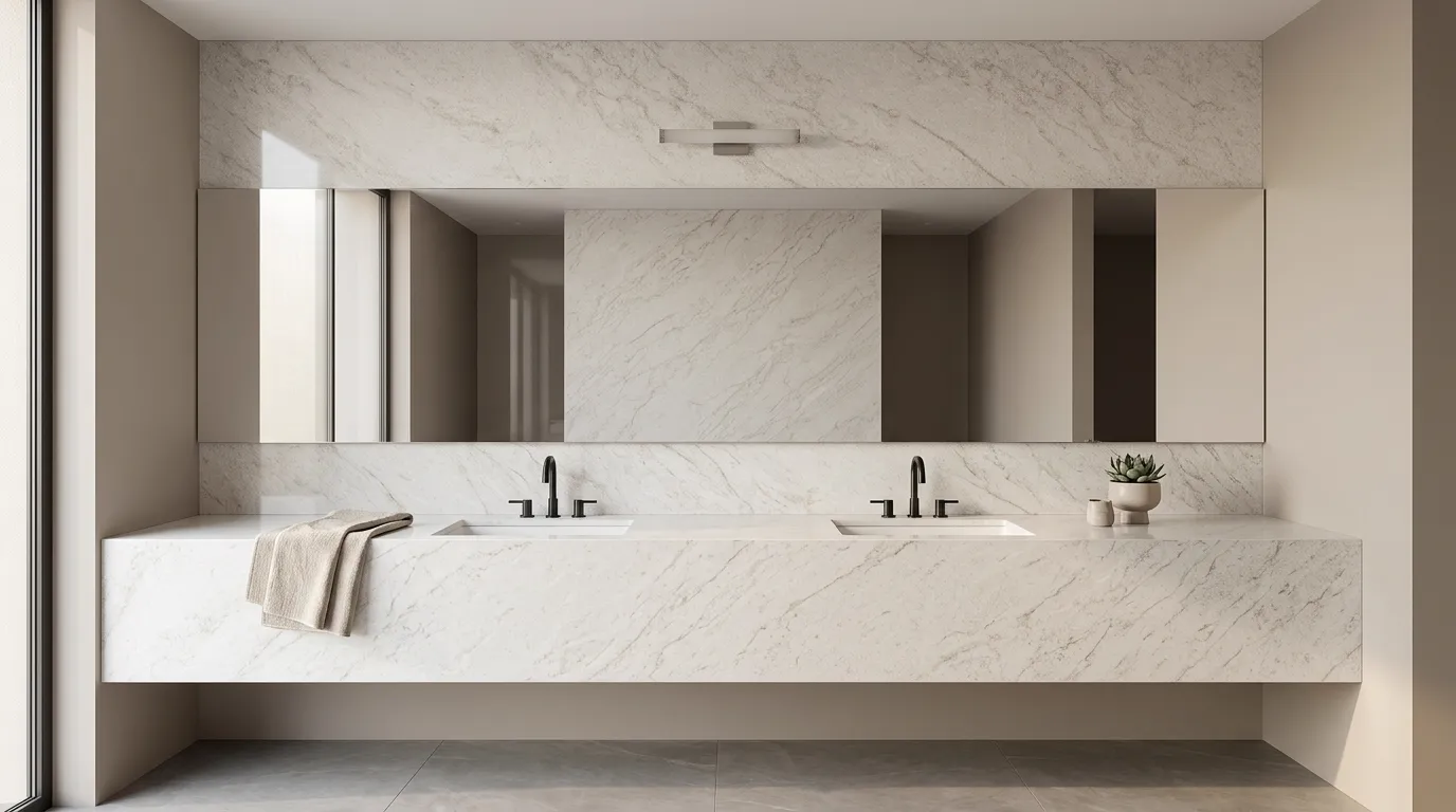 Taj Elysian Polished Quartz double vanity countertop and backsplash in a modern bathroom
