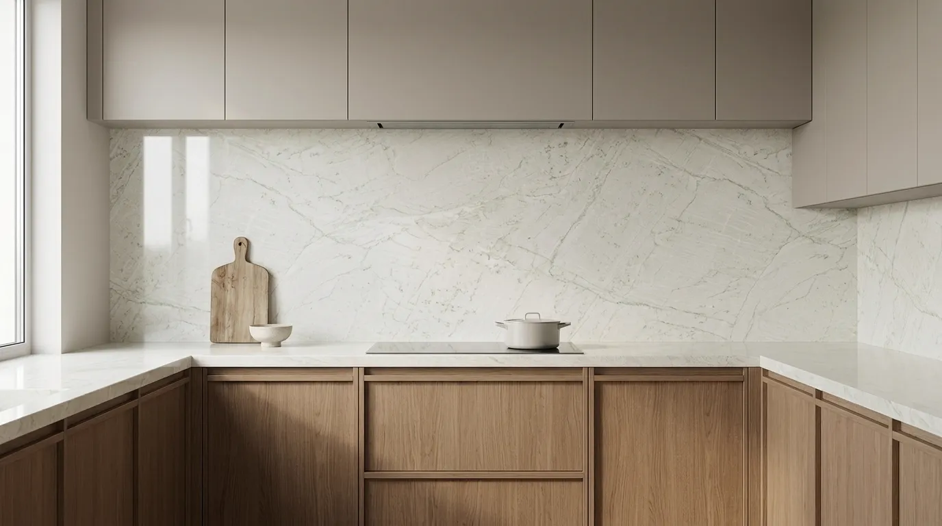 Taj Elysian Polished Quartz full-height kitchen backsplash and matching countertop