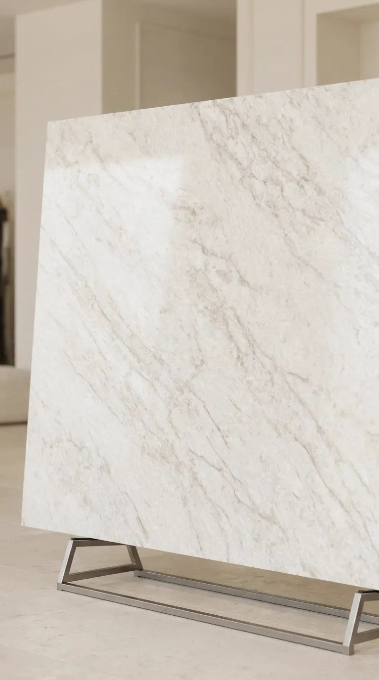 Taj Elysian Polished quartz slab — The full slab as it stands in our West Allis gallery | StoneX USA, West Allis WI