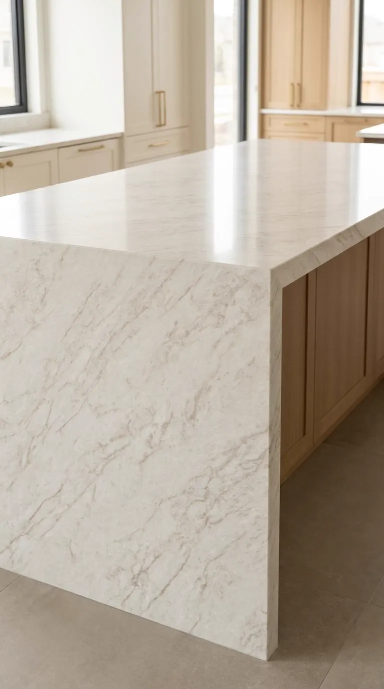 Taj Elysian Polished quartz slab — Fabricated as a kitchen island with a waterfall end | StoneX USA, West Allis WI