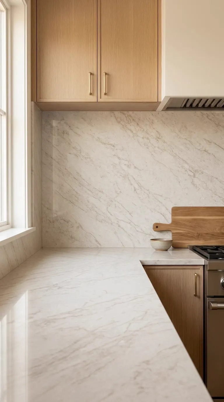 Taj Elysian Polished quartz slab — As a full-height backsplash in a finished kitchen | StoneX USA, West Allis WI