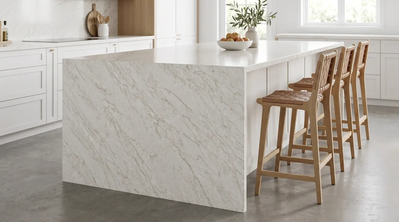 Taj Elysian Polished Quartz waterfall-edge kitchen island with continuous veining