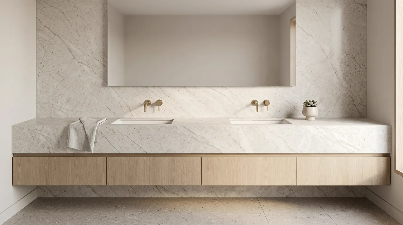 Taj Mahal Honed double vanity countertop and backsplash in a modern bathroom