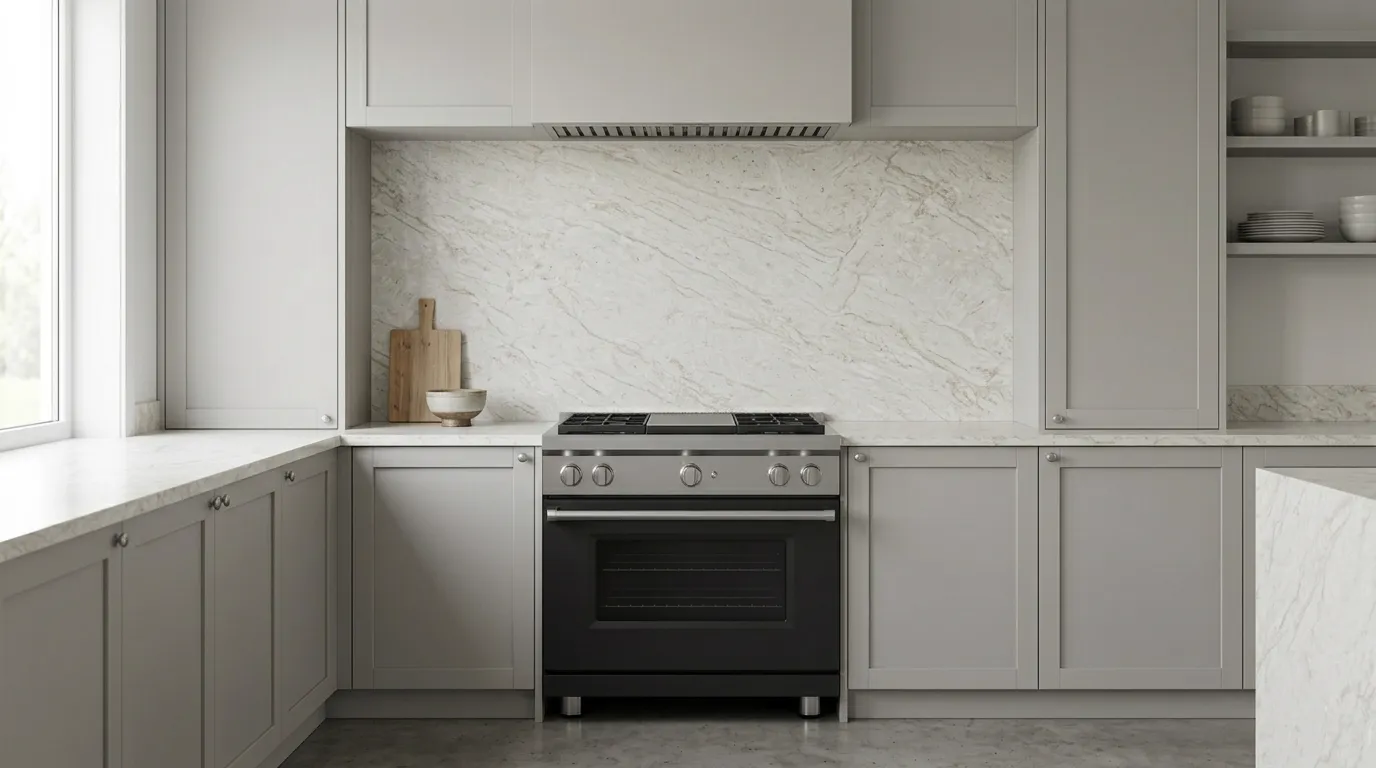 Taj Mahal Honed full-height kitchen backsplash and matching countertop
