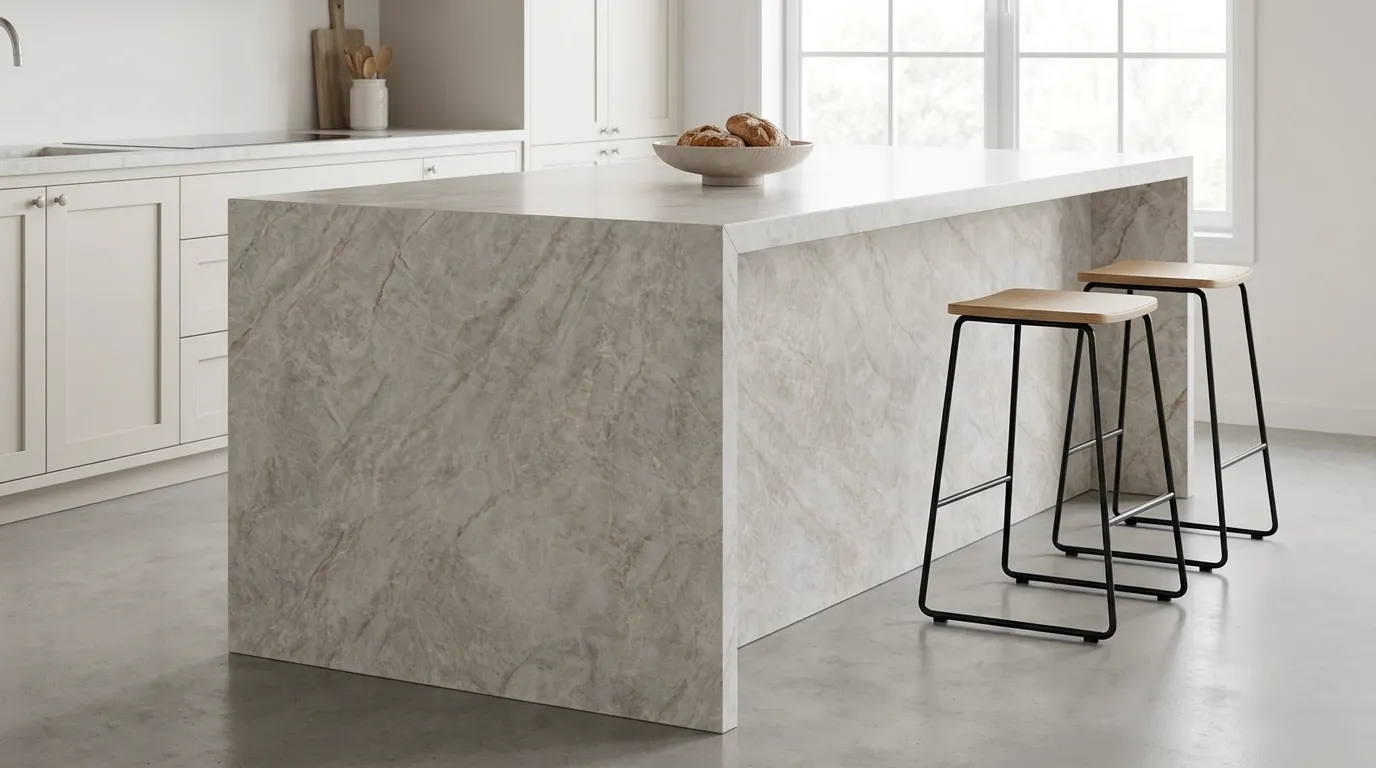 Taj Mahal Honed waterfall-edge kitchen island with continuous veining