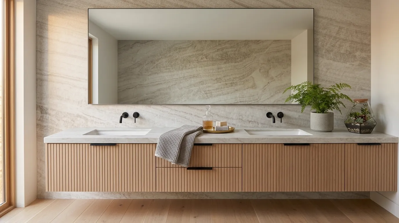 Taj Mahal Leathered Quartzite double vanity countertop and backsplash in a modern bathroom