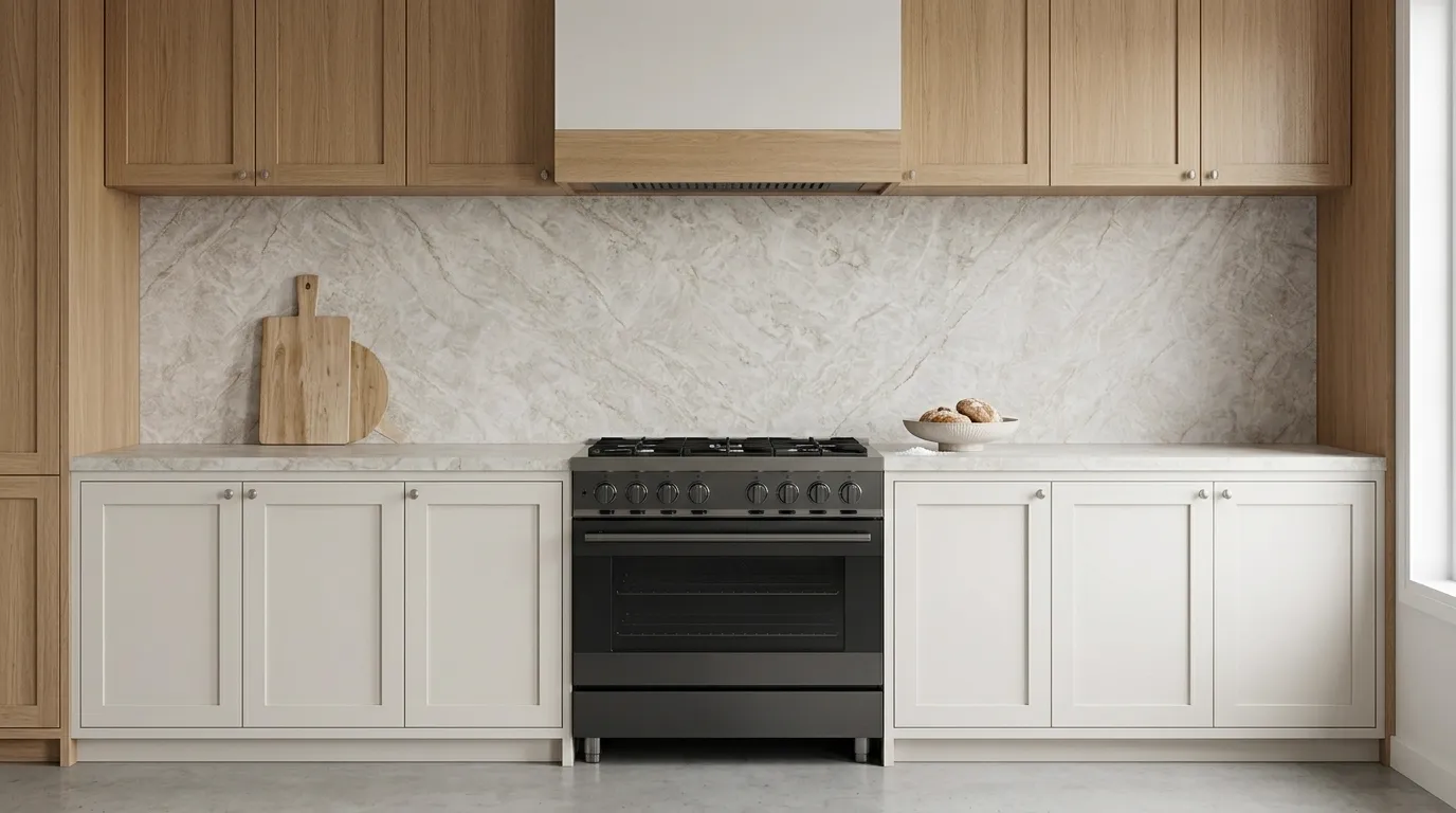 Taj Mahal Leathered Quartzite kitchen countertop and backsplash