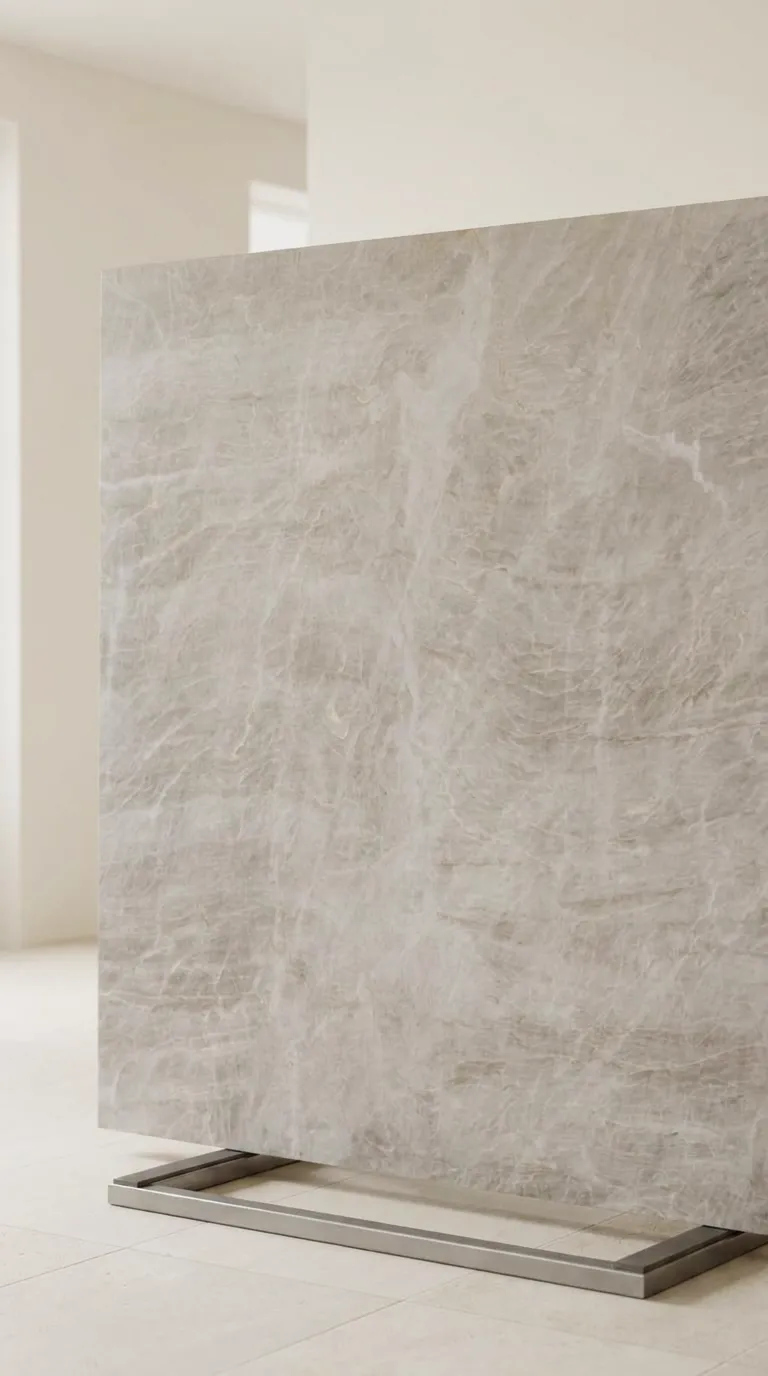 Taj Mahal Leathered quartzite slab — The full slab as it stands in our West Allis gallery | StoneX USA, West Allis WI