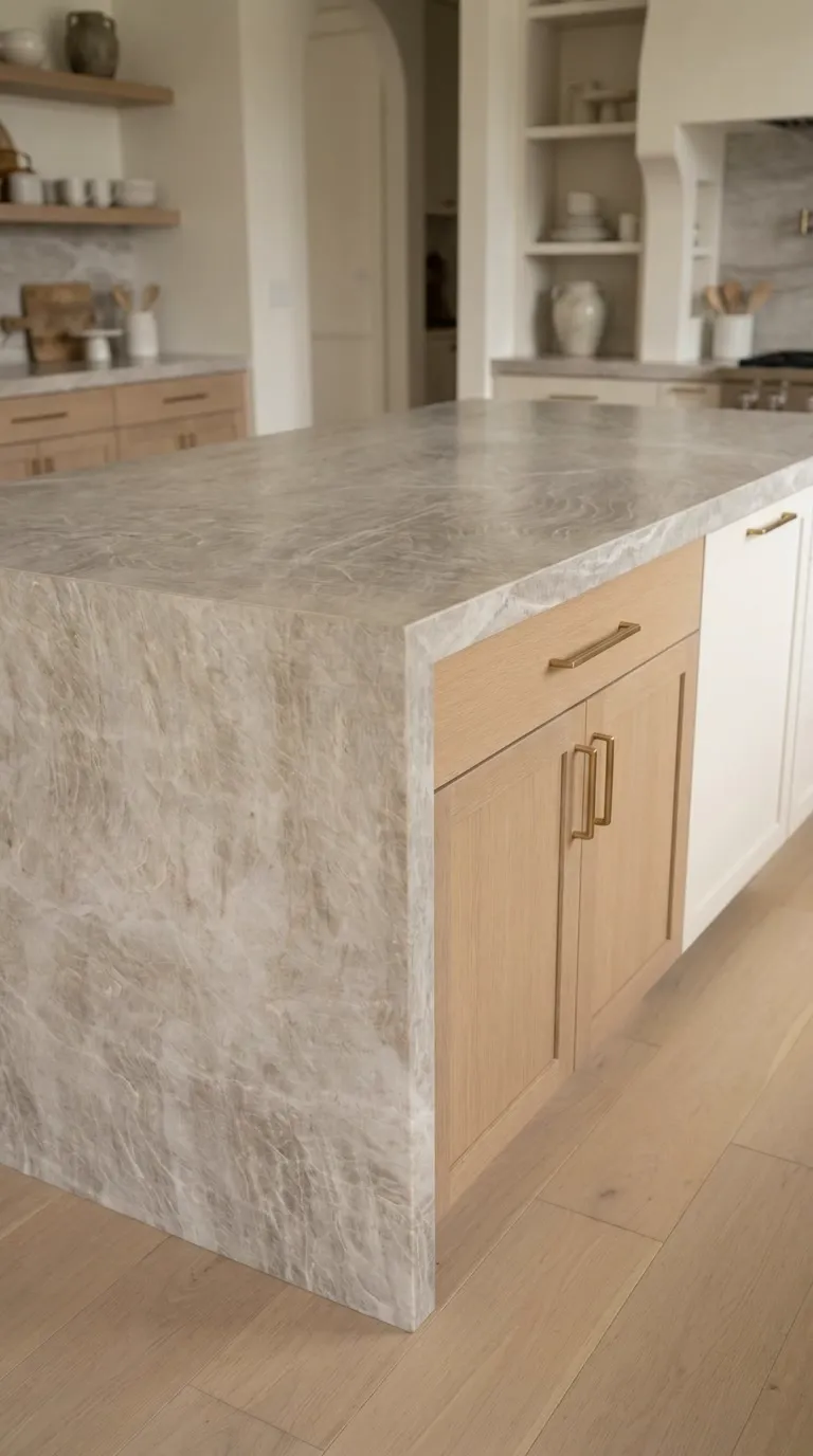 Taj Mahal Leathered quartzite slab — Fabricated as a kitchen island with a waterfall end | StoneX USA, West Allis WI