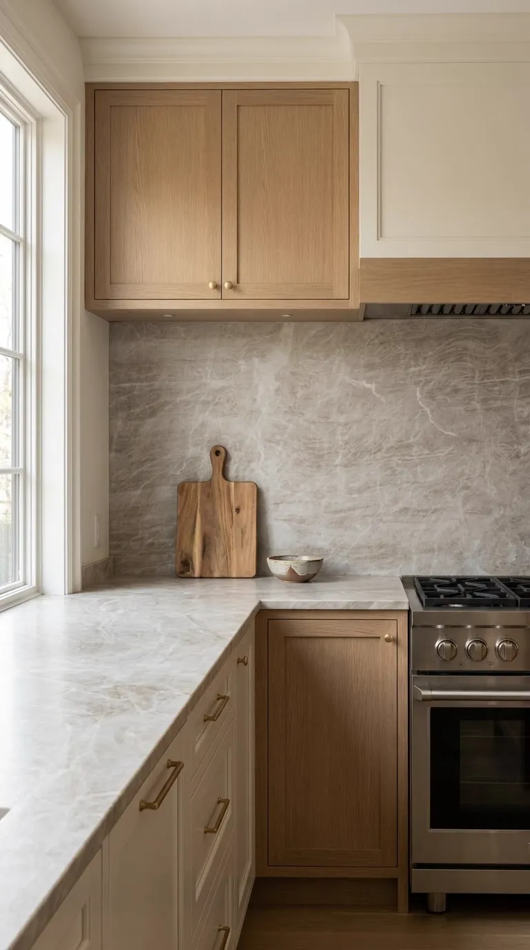 Taj Mahal Leathered quartzite slab — As a full-height backsplash in a finished kitchen | StoneX USA, West Allis WI