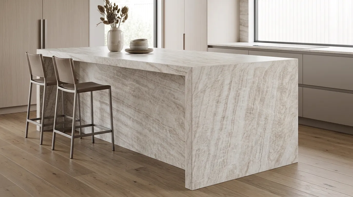 Taj Mahal Leathered Quartzite waterfall-edge kitchen island with continuous veining
