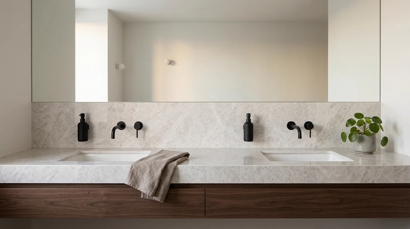 Taj Mahal Polished double vanity countertop and backsplash in a modern bathroom