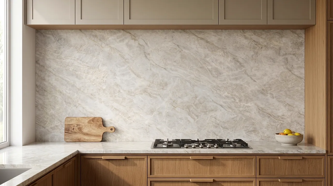 Taj Mahal Polished full-height kitchen backsplash and matching countertop