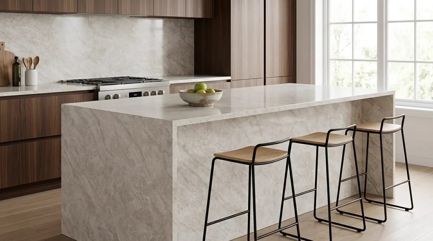 Taj Mahal Polished waterfall-edge kitchen island with continuous veining