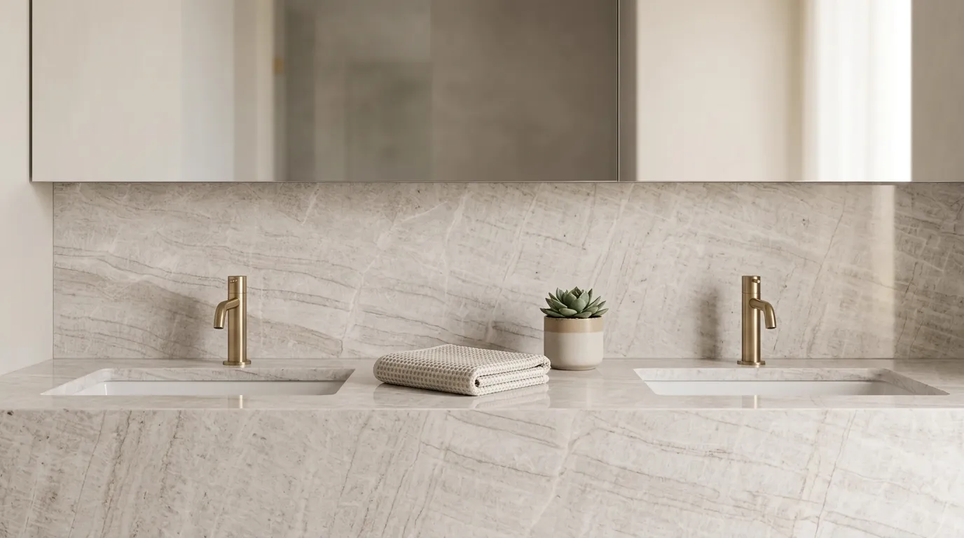 Taj Mahal Porcelain Stone double vanity countertop and backsplash in a modern bathroom