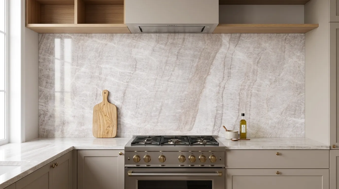 Taj Mahal Porcelain Stone full-height kitchen backsplash and matching countertop