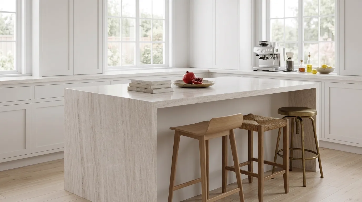 Taj Mahal Porcelain Stone waterfall-edge kitchen island with continuous veining