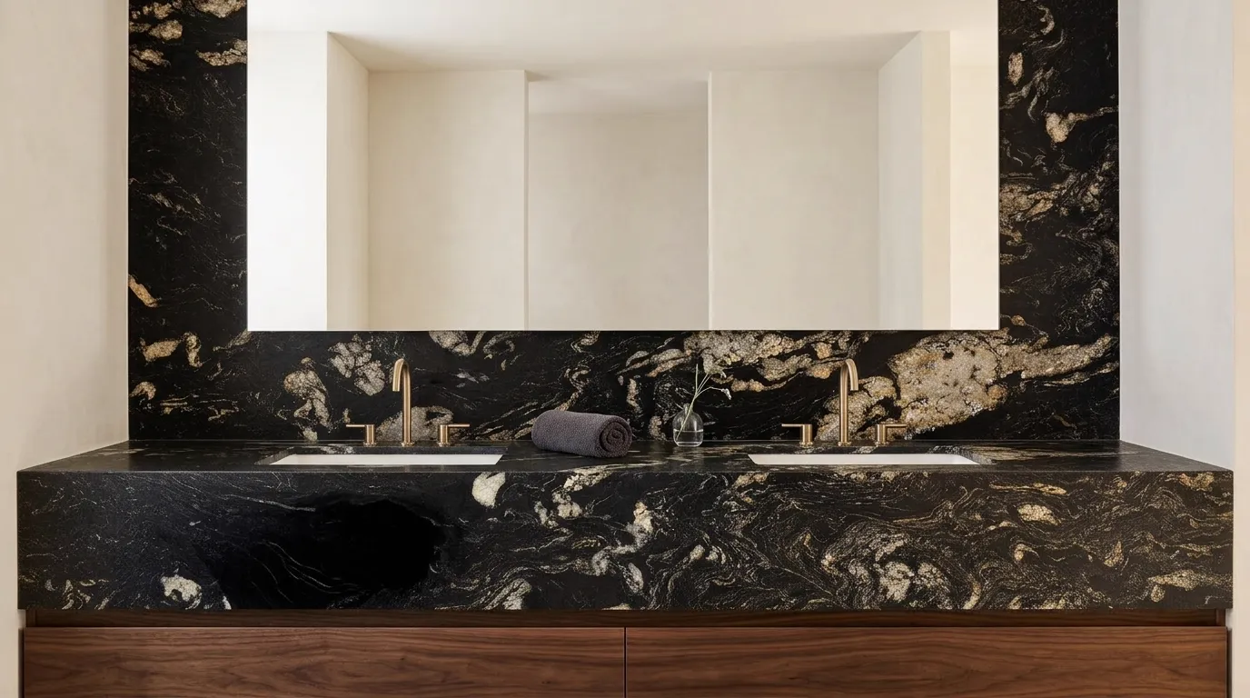 Titanium Gold Leathered Granite double vanity countertop and backsplash in a modern bathroom