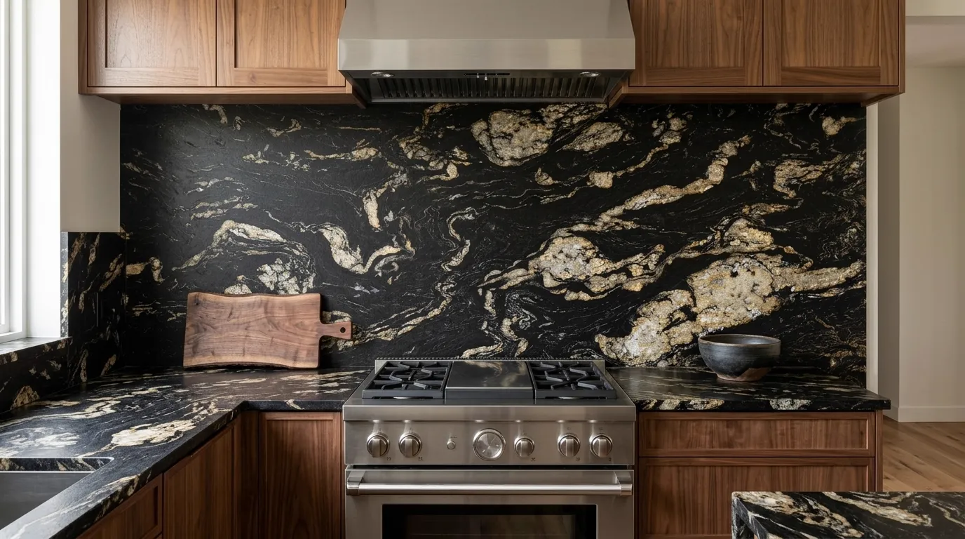 Titanium Gold Leathered Granite full-height kitchen backsplash and matching countertop