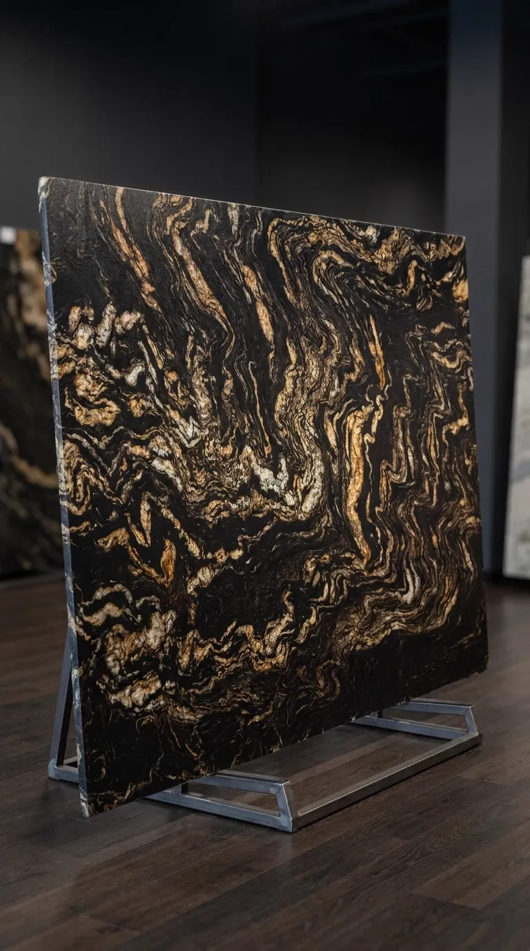 Titanium Gold Leathered granite slab — The full slab as it stands in our West Allis gallery | StoneX USA, West Allis WI