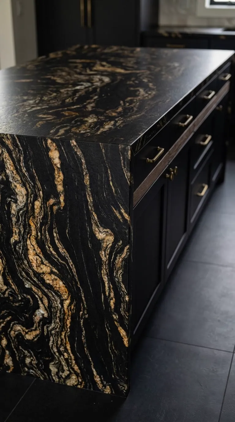 Titanium Gold Leathered granite slab — Fabricated as a kitchen island with a waterfall end | StoneX USA, West Allis WI