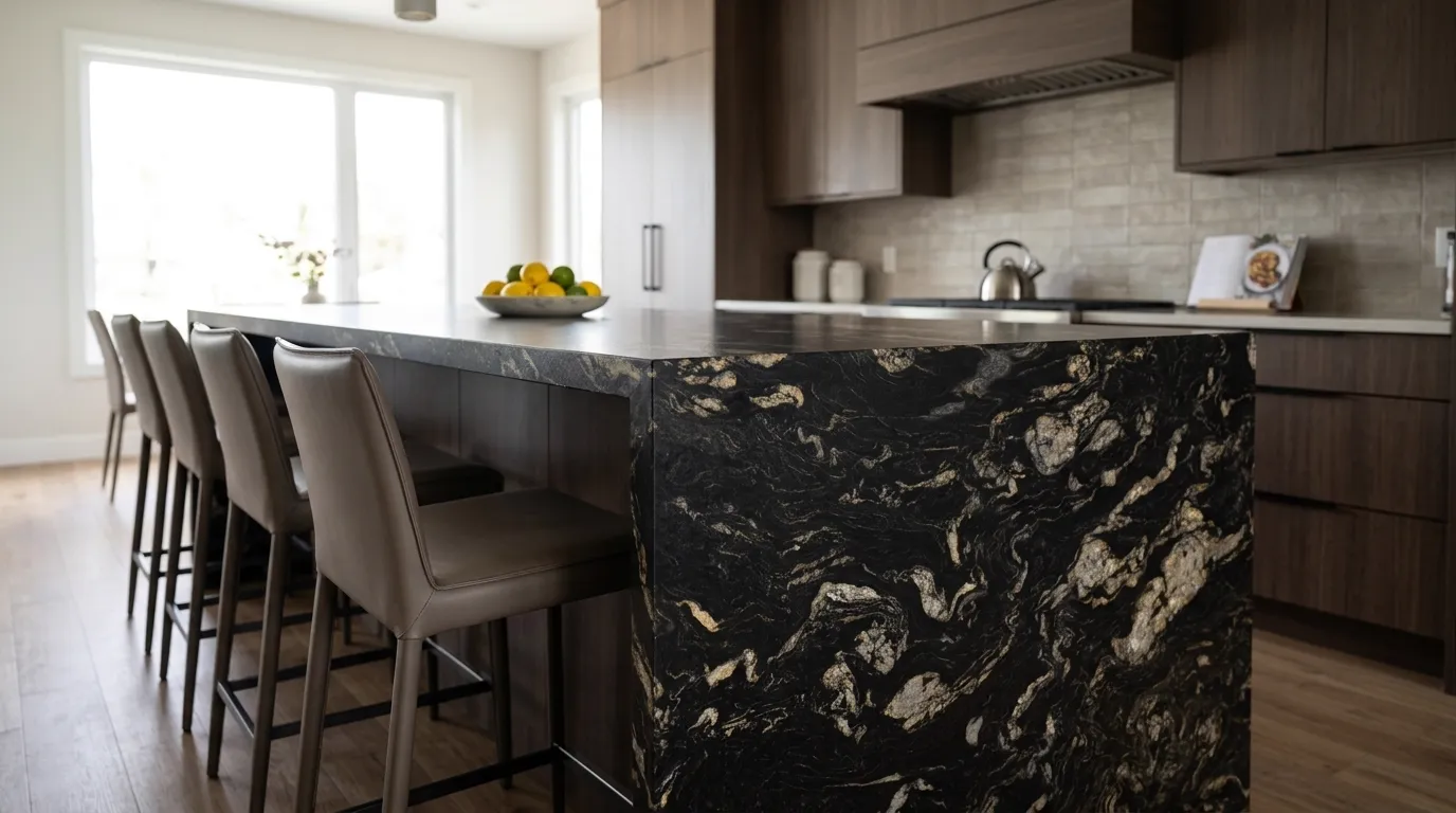 Titanium Gold Leathered Granite waterfall-edge kitchen island with continuous veining