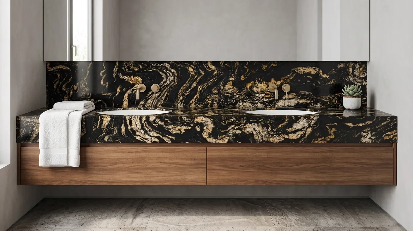 Titanium Gold Polished Granite double vanity countertop and backsplash in a modern bathroom