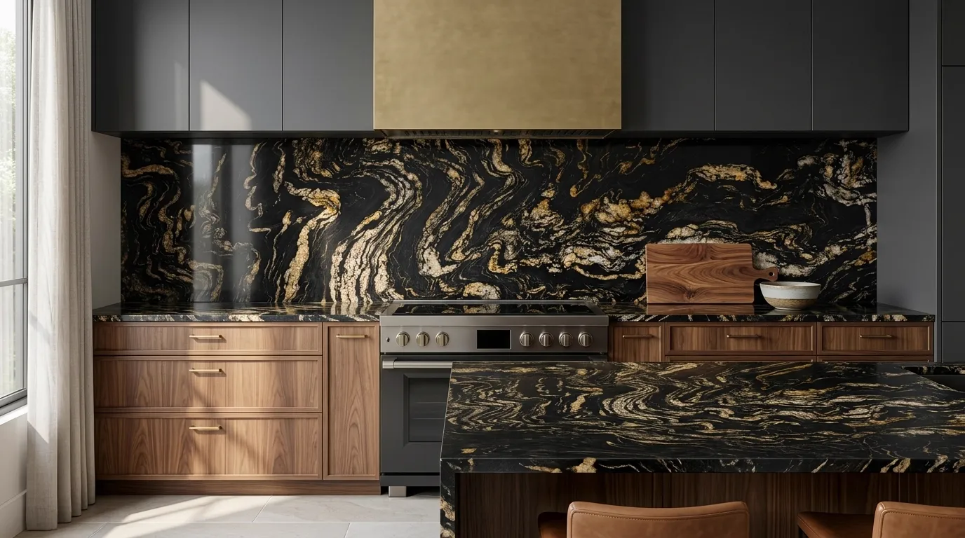 Titanium Gold Polished Granite full-height kitchen backsplash and matching countertop