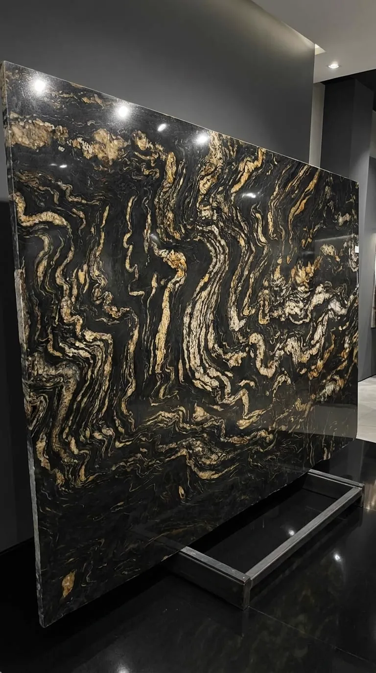 Titanium Gold Polished granite slab — The full slab as it stands in our West Allis gallery | StoneX USA, West Allis WI