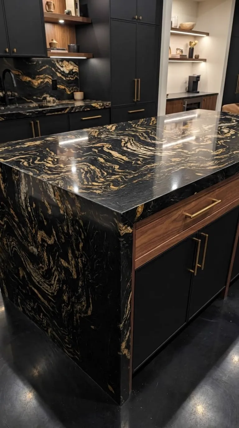 Titanium Gold Polished granite slab — Fabricated as a kitchen island with a waterfall end | StoneX USA, West Allis WI