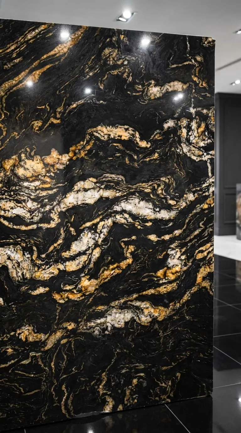 Titanium Gold Polished granite slab — The surface up close - pattern, grain and finish | StoneX USA, West Allis WI
