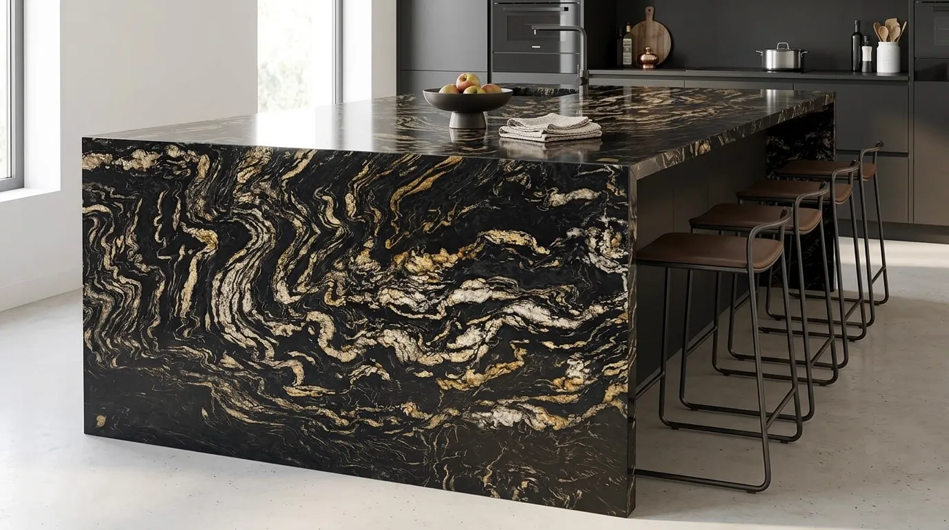Titanium Gold Polished Granite waterfall-edge kitchen island with continuous veining