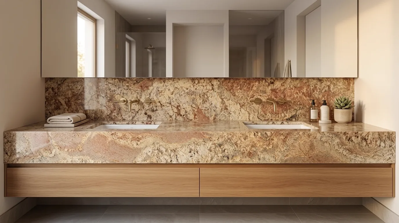 Typhoon Bordeaux Polished Granite double vanity countertop and backsplash in a modern bathroom