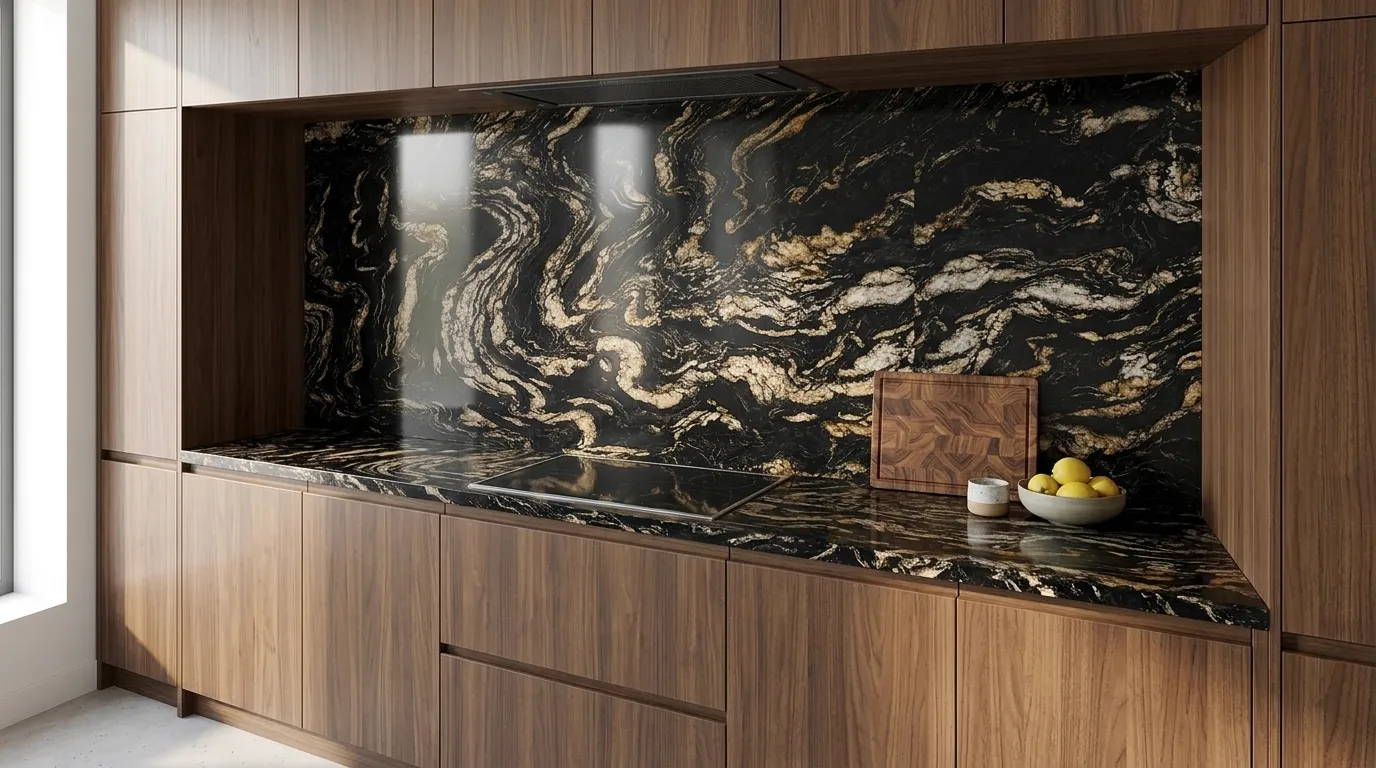 Typhoon Bordeaux Polished Granite full-height kitchen backsplash and matching countertop