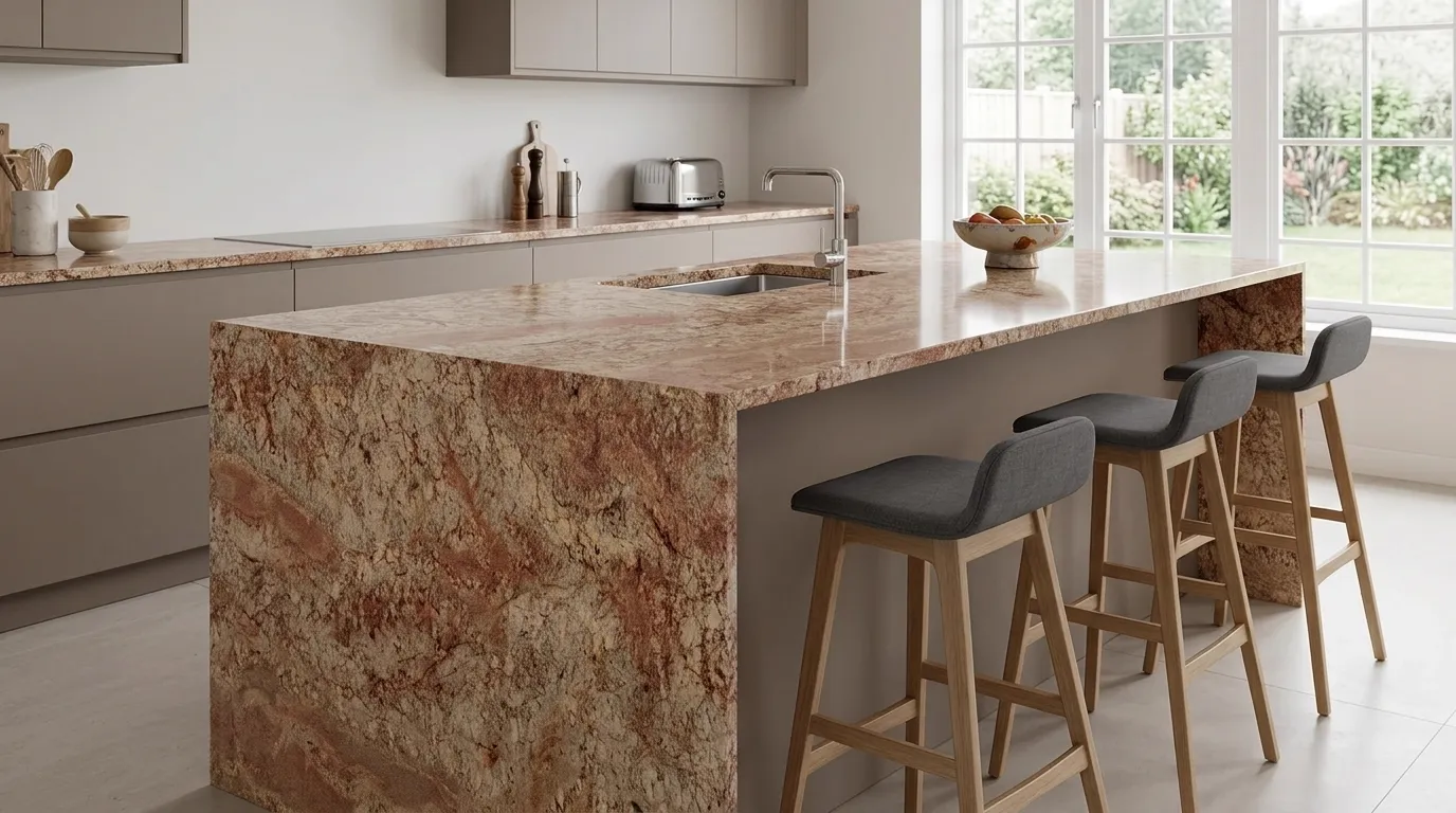 Typhoon Bordeaux Polished Granite waterfall-edge kitchen island with continuous veining