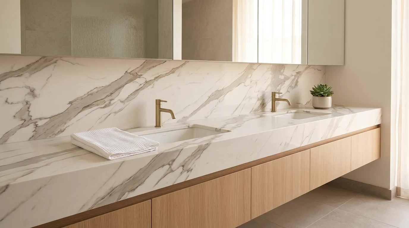VAGLI HD Quartz Stone double vanity countertop and backsplash in a modern bathroom
