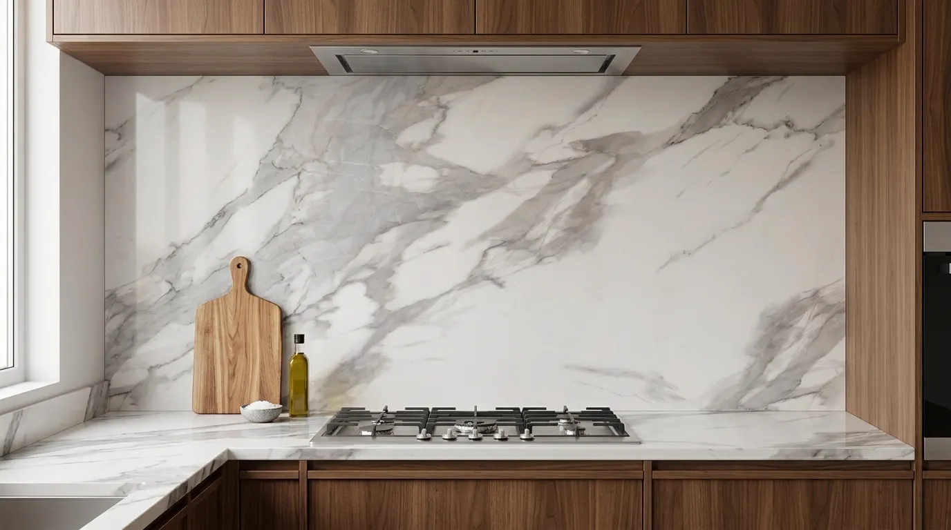 VAGLI HD Quartz Stone full-height kitchen backsplash and matching countertop