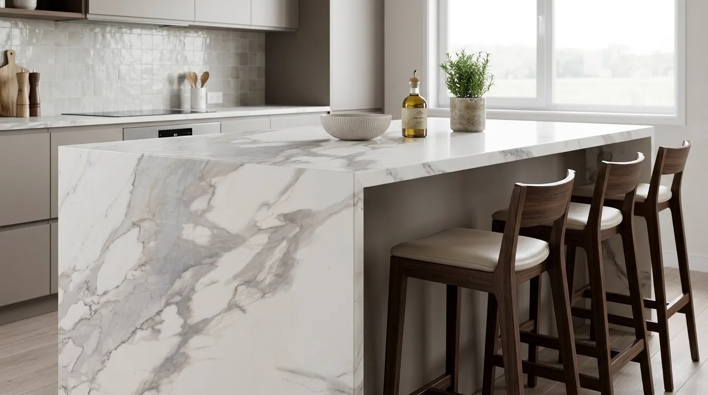 VAGLI HD Quartz Stone waterfall-edge kitchen island with continuous veining
