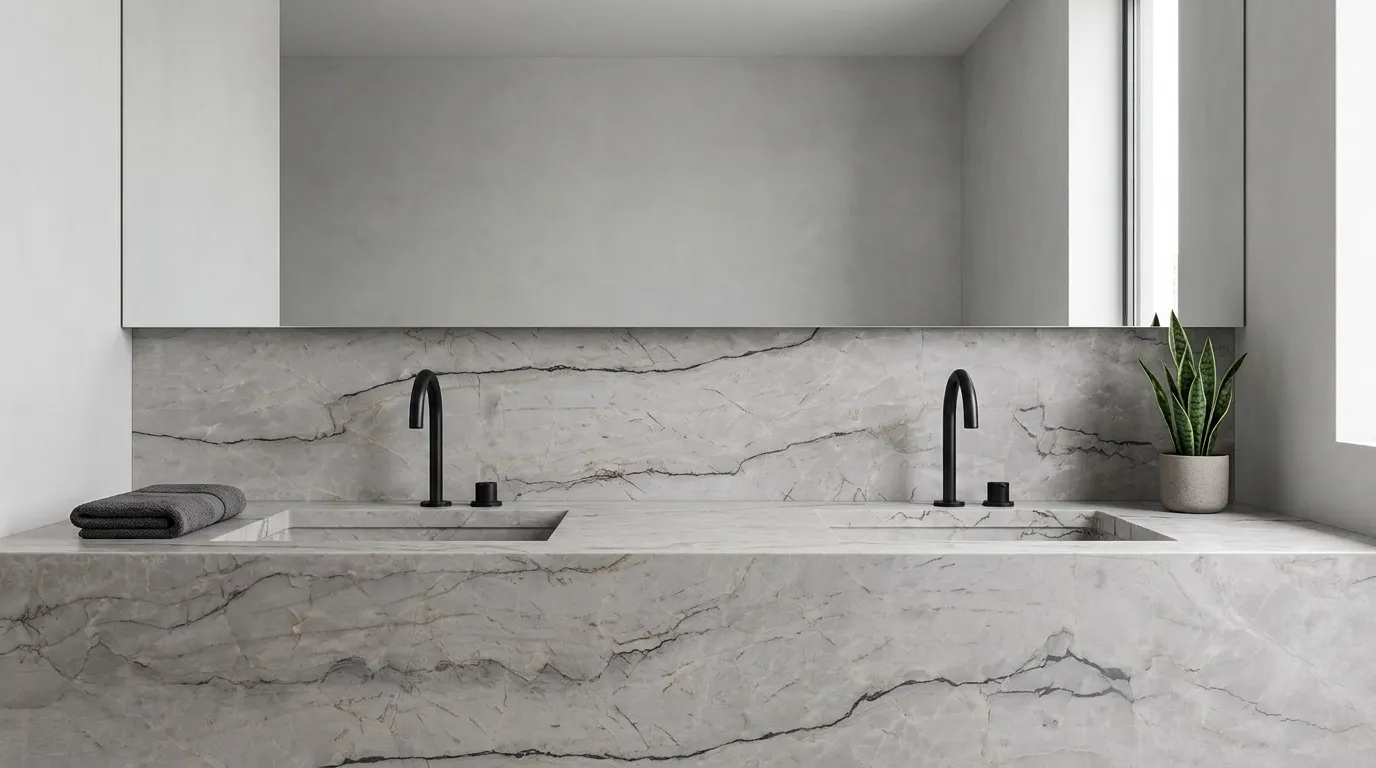 Vancouver Honed Quartzite double vanity countertop and backsplash in a modern bathroom
